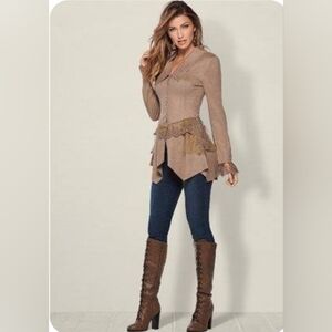 VENUS Tan Faux Suede And Lace Western Style Peplum Shirt
